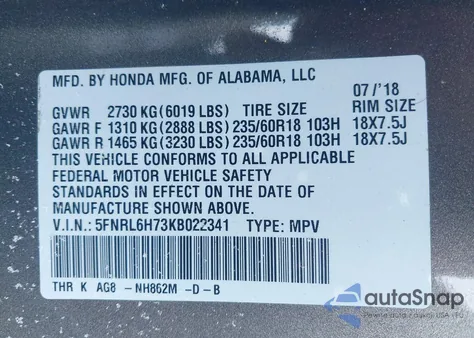 2019 Honda Odyssey Ex-L из США, поврежденный, VIN 5FNRL6H73KB022341